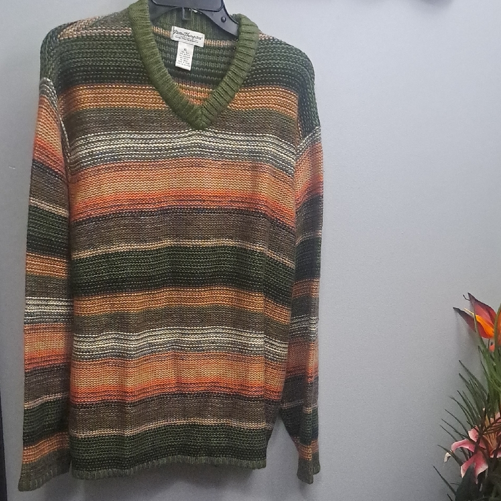 Norm Thompson Sonoran Stripe Silk Alpaca Cashmere Rayon Blend XL V-Neck Sweater